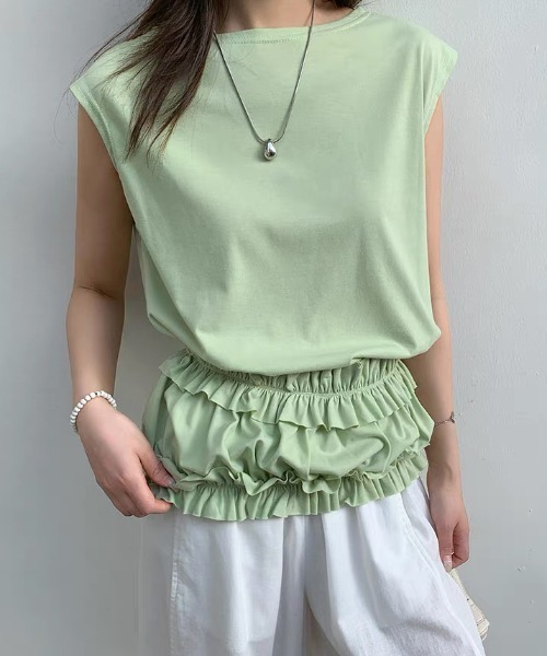 CHUN CHUN NOTES(チュンチュンノーツ)の「26SS/フリルビスチェ×ノースリーブトップスセット(Tシャツ/カットソー・レディース・グリーン/ダークブラウン/ブラウン/ホワイト×ブラック・F)」の18枚目の写真
