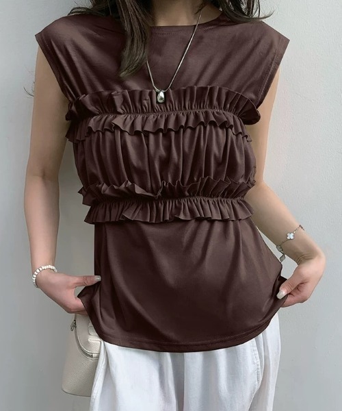 CHUN CHUN NOTES(チュンチュンノーツ)の「26SS/フリルビスチェ×ノースリーブトップスセット(Tシャツ/カットソー・レディース・グリーン/ダークブラウン/ブラウン/ホワイト×ブラック・F)」の7枚目の写真