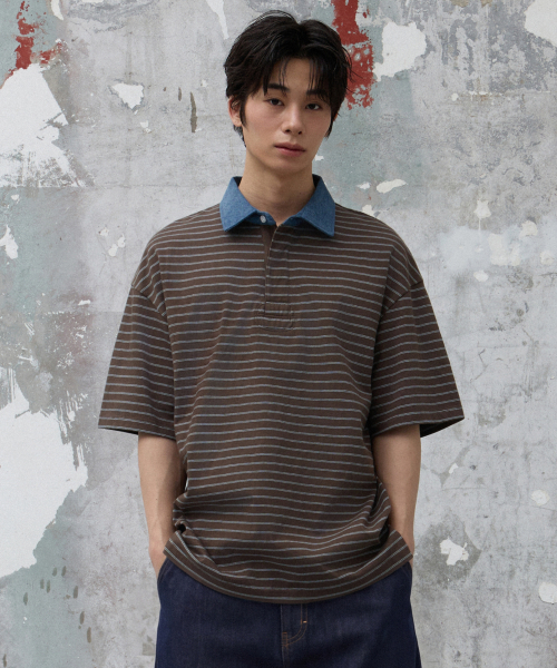 AGOD（エージーオーディー）の「コントラストデニムカラー ストライプハーフTシャツ[ブラウン]（ポロシャツ・レディース・その他・SMALL/MEDIUM/LARGE）」の2枚目の写真