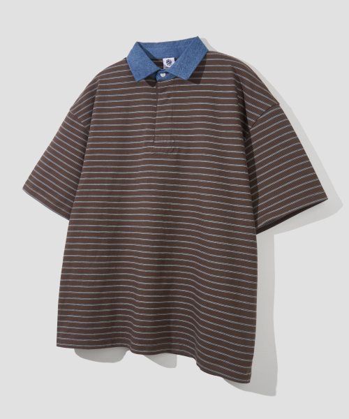 AGOD（エージーオーディー）の「コントラストデニムカラー ストライプハーフTシャツ[ブラウン]（ポロシャツ・レディース・その他・SMALL/MEDIUM/LARGE）」の4枚目の写真