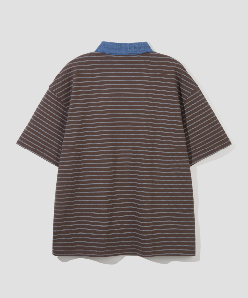 AGOD（エージーオーディー）の「コントラストデニムカラー ストライプハーフTシャツ[ブラウン]（ポロシャツ・レディース・その他・SMALL/MEDIUM/LARGE）」の5枚目の写真