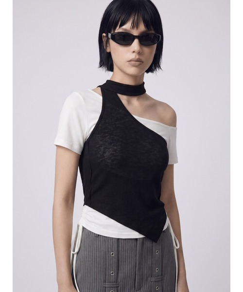 TAJEN:T(タジェント)の「【TAJEN:T】HALTERNECK × ONE SHOULDER LAYERED TOPS/ホルターネック×ワンショルダーレイヤードトップス(Tシャツ/カットソー・レディース・ホワイト/グレー/サックスブルー・1/2)」の2枚目の写真