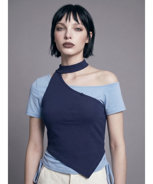 TAJEN:T(タジェント)の「【TAJEN:T】HALTERNECK × ONE SHOULDER LAYERED TOPS/ホルターネック×ワンショルダーレイヤードトップス(Tシャツ/カットソー・レディース・ホワイト/グレー/サックスブルー・1/2)」の1枚目の写真