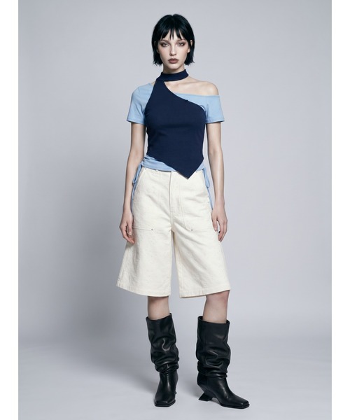TAJEN:T(タジェント)の「【TAJEN:T】HALTERNECK × ONE SHOULDER LAYERED TOPS/ホルターネック×ワンショルダーレイヤードトップス(Tシャツ/カットソー・レディース・ホワイト/グレー/サックスブルー・1/2)」の4枚目の写真