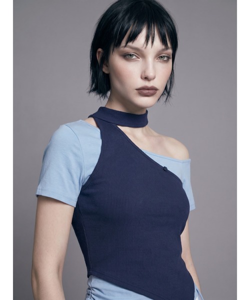 TAJEN:T(タジェント)の「【TAJEN:T】HALTERNECK × ONE SHOULDER LAYERED TOPS/ホルターネック×ワンショルダーレイヤードトップス(Tシャツ/カットソー・レディース・ホワイト/グレー/サックスブルー・1/2)」の6枚目の写真