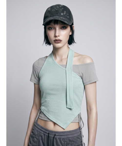 TAJEN:T(タジェント)の「【TAJEN:T】HALTERNECK × ONE SHOULDER LAYERED TOPS/ホルターネック×ワンショルダーレイヤードトップス(Tシャツ/カットソー・レディース・ホワイト/グレー/サックスブルー・1/2)」の13枚目の写真