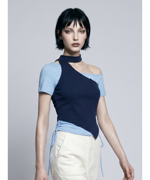 TAJEN:T(タジェント)の「【TAJEN:T】HALTERNECK × ONE SHOULDER LAYERED TOPS/ホルターネック×ワンショルダーレイヤードトップス(Tシャツ/カットソー・レディース・ホワイト/グレー/サックスブルー・1/2)」の7枚目の写真