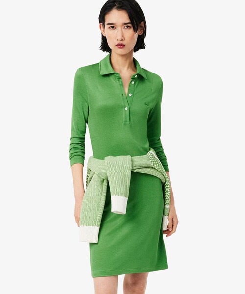 美品 LACOSTE ロング 鹿子 ポロ ワンピース バックボタン グリーン セール】サテンタッチ鹿の子地ポロドレス / ポロワンピース（シャツ
