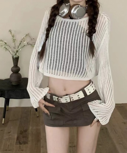 ADDITION STORE(アディションストア)の「\キャミやホルターネックに合わせて♪/メッシュクロシェ ボートネック プルオーバー(Tシャツ/カットソー・レディース・ブラック/オフホワイト・FREE)」の4枚目の写真