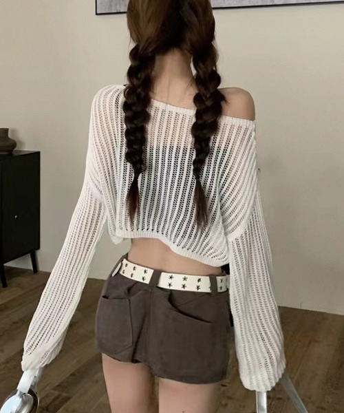 ADDITION STORE(アディションストア)の「\キャミやホルターネックに合わせて♪/メッシュクロシェ ボートネック プルオーバー(Tシャツ/カットソー・レディース・ブラック/オフホワイト・FREE)」の11枚目の写真