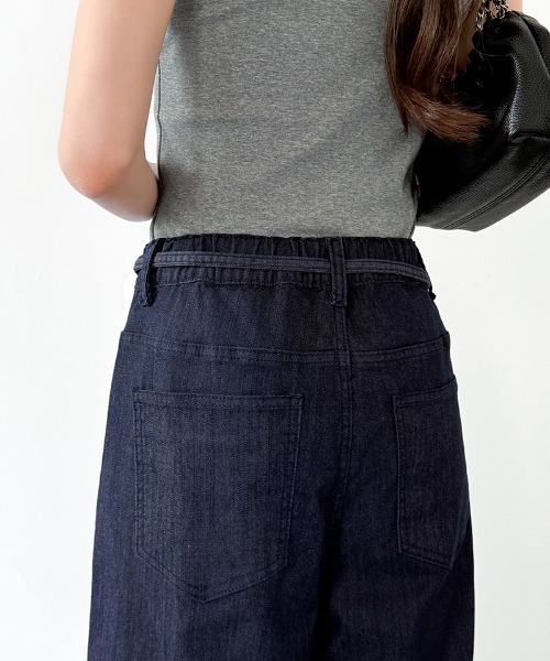 COCOMOMO（ココモモ）の「ストンと美脚見え スラブワイドデニムパンツ ストレート デニム パンツ スラブ ワイドデニムパンツ ストレートデニム ワイドデニム ウエスト 紐 ウエストゴム 夏デニムパンツ 薄手 春服 夏服（デニムパンツ・レディース・ホワイト/ネイビー/ブラック・S/M/L）」の20枚目の写真