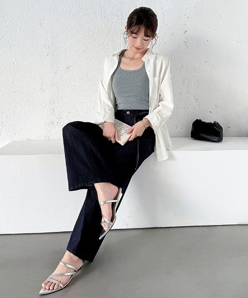 COCOMOMO（ココモモ）の「ストンと美脚見え スラブワイドデニムパンツ ストレート デニム パンツ スラブ ワイドデニムパンツ ストレートデニム ワイドデニム ウエスト 紐 ウエストゴム 夏デニムパンツ 薄手 春服 夏服（デニムパンツ・レディース・ホワイト/ネイビー/ブラック・S/M/L）」の22枚目の写真