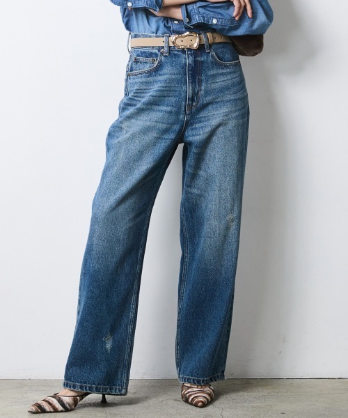 CHIC STYLE(シックスタイル)の「綿100%ワイドストレートデニムパンツ<大きいサイズ有>シックスタイル(その他パンツ・レディース・ネイビー系/ブルー系・73/84/80/76/106/98/96/92/88)」の1枚目の写真