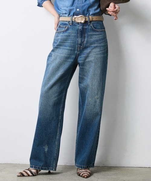 CHIC STYLE(シックスタイル)の「綿100%ワイドストレートデニムパンツ<大きいサイズ有>シックスタイル(その他パンツ・レディース・ネイビー系/ブルー系・73/84/80/76/106/98/96/92/88)」の7枚目の写真