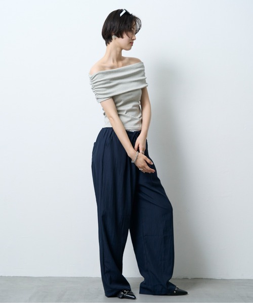 NUJOH(ヌゾ)の「Linen Touch Double Waist Wide Pants / リネンタッチダブルウエストワイドパンツ(その他パンツ・レディース・ネイビー/ブラック・FREE)」の3枚目の写真