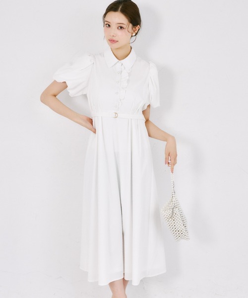 tocco closet(トッコ クローゼット)の「【ZOZO限定】ベルト付きドットジャガードアシンメトリーフリル装飾シャツワンピース(ワンピース・レディース・オフホワイト/ペールイエロー・M)」の2枚目の写真
