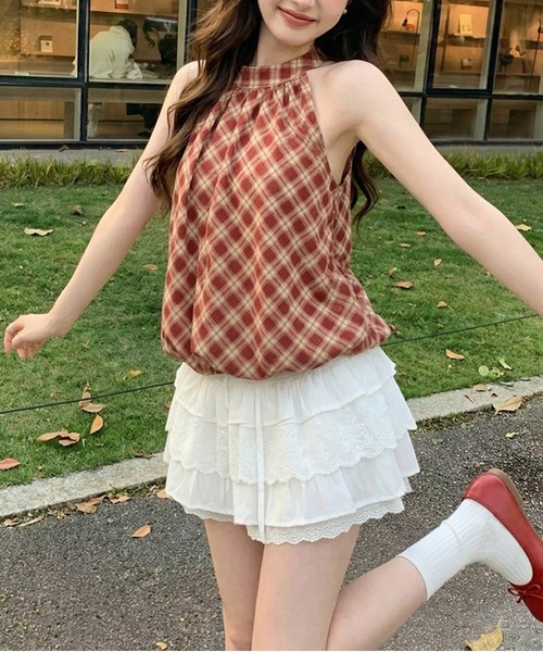 Nia(ニア)の「Nia(ニア)/ホルターネックチェックバルーントップス(その他トップス・レディース・レッド/ブルー/ホワイト・FREE)」の7枚目の写真