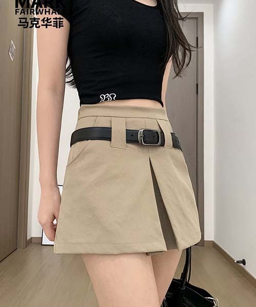 gossip！ロサンゼルス（ゴシップロサンゼルス）の「ハイウエストタックスカートパンツ レディース ショート丈 インナーパンツ付き カジュアル カーゴ風 ミニスカパン（その他パンツ・レディース・ベージュ/ブラック・M/L/S）」の7枚目の写真