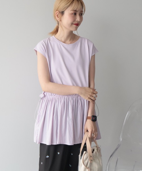 AMERICAN HOLIC(アメリカンホリック)の「【汗染み防止】異素材ペプラムプルオーバー(Tシャツ/カットソー・レディース・パープル/ブラック/カーキ系1/アイボリー・M/L)」の1枚目の写真