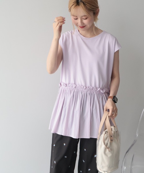 AMERICAN HOLIC(アメリカンホリック)の「【汗染み防止】異素材ペプラムプルオーバー(Tシャツ/カットソー・レディース・パープル/ブラック/カーキ系1/アイボリー・M/L)」の7枚目の写真