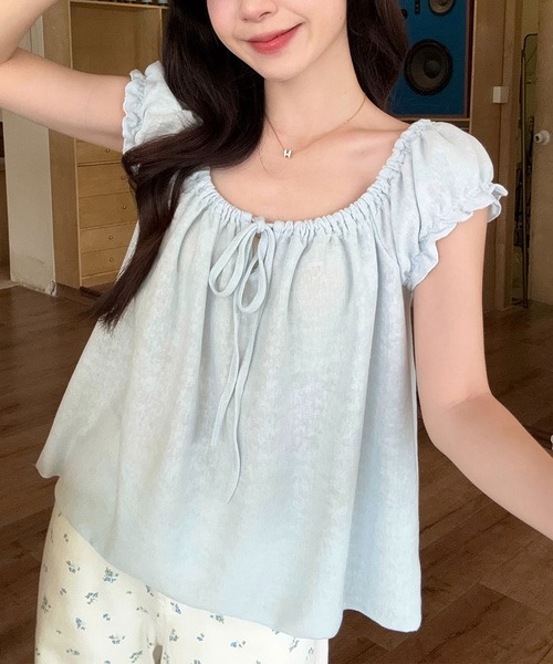 Girly Doll（ガーリードール）の「フロントリボンギャザーブラウス（Tシャツ/カットソー・レディース・ブルー/パープル・L/M）」の5枚目の写真