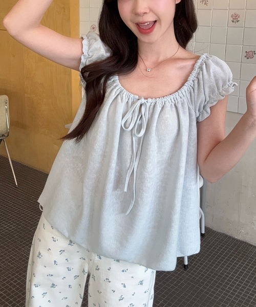 Girly Doll（ガーリードール）の「フロントリボンギャザーブラウス（Tシャツ/カットソー・レディース・ブルー/パープル・L/M）」の6枚目の写真