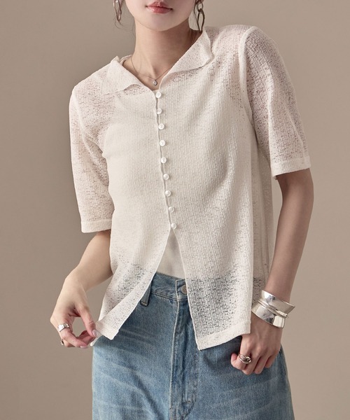 Fashion Letter(ファッションレター)の「カットレース ハーフスリーブ シアーカーディガン(カーディガン/ボレロ・レディース・ブラック/ピンク/ライトブルー/ホワイト・M)」の7枚目の写真