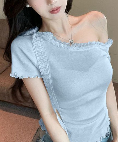 L LABEL(エルラベル)の「レースリボン付きTシャツ(Tシャツ/カットソー・レディース・ブルー/ホワイト/ピンク・FREE)」の1枚目の写真