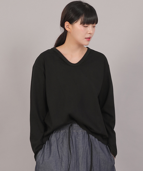 オーバーサイズ16sコットンVネック長袖TシャツCOL-8A19ブラック（T