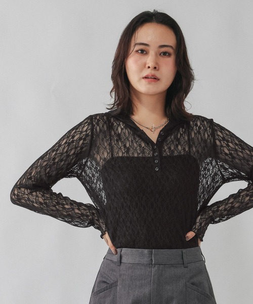 GLOBAL WORK（グローバルワーク）の「ストレッチ総レースフーディー/1054133（Tシャツ/カットソー・レディース・ホワイト/ブラック・LARGE/MEDIUM）」の2枚目の写真