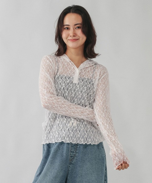 GLOBAL WORK（グローバルワーク）の「ストレッチ総レースフーディー/1054133（Tシャツ/カットソー・レディース・ホワイト/ブラック・LARGE/MEDIUM）」の6枚目の写真