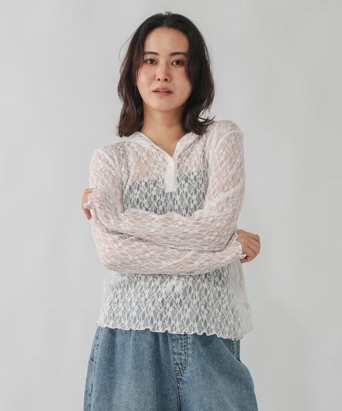 GLOBAL WORK（グローバルワーク）の「ストレッチ総レースフーディー/1054133（Tシャツ/カットソー・レディース・ホワイト/ブラック・LARGE/MEDIUM）」の5枚目の写真