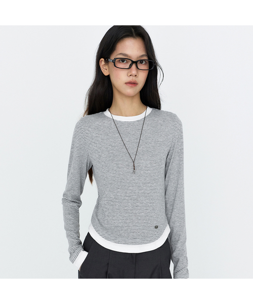 MONGDOL(モンドル)の「ストライプ エッセンシャル ロングスリーブTシャツ MDTS163_2 カラー(Tシャツ/カットソー・レディース・グレー/ネイビー・SMALL/MEDIUM)」の1枚目の写真