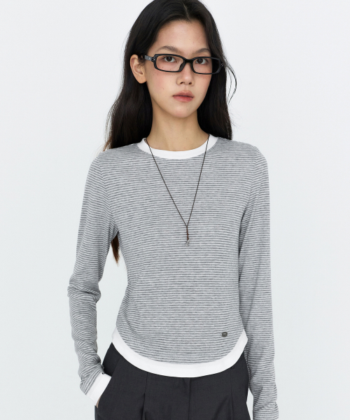 MONGDOL(モンドル)の「ストライプ エッセンシャル ロングスリーブTシャツ MDTS163_2 カラー(Tシャツ/カットソー・レディース・グレー/ネイビー・SMALL/MEDIUM)」の3枚目の写真