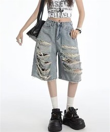 ダメージ7分丈デニムワイドパンツ ダメージハーフパンツ