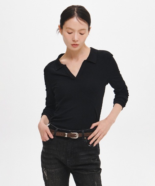 GENERAL IDEA(ジェネラルアイデア)の「【GENERAL IDEA】カットディテールオープンカラーTシャツ / CUT DETAIL OPEN-COLLAR T-SHIRT(Tシャツ/カットソー・レディース・チャコール/ブラック・L/M/S)」の1枚目の写真