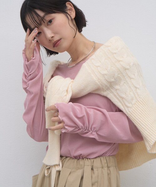 CIAOPANIC TYPY(チャオパニックティピー)の「∴袖くしゅくしゅフロッキーベロアトップス(Tシャツ/カットソー・レディース・グレー/ピンク/ブルー/キャメル・ONE SIZE)」の4枚目の写真