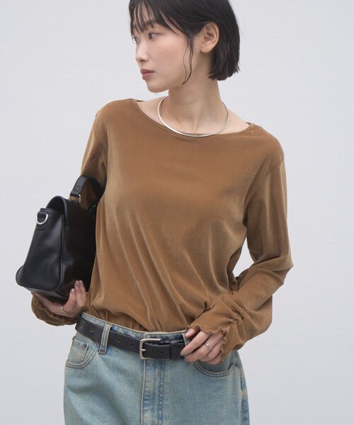 CIAOPANIC TYPY(チャオパニックティピー)の「∴袖くしゅくしゅフロッキーベロアトップス(Tシャツ/カットソー・レディース・グレー/ピンク/ブルー/キャメル・ONE SIZE)」の14枚目の写真