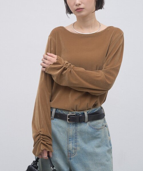 CIAOPANIC TYPY(チャオパニックティピー)の「∴袖くしゅくしゅフロッキーベロアトップス(Tシャツ/カットソー・レディース・グレー/ピンク/ブルー/キャメル・ONE SIZE)」の6枚目の写真