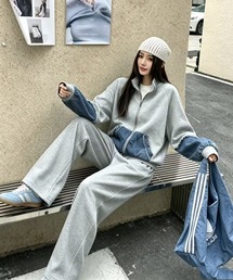 デニム切り替えスウェットトップスワイドパンツセットアップ