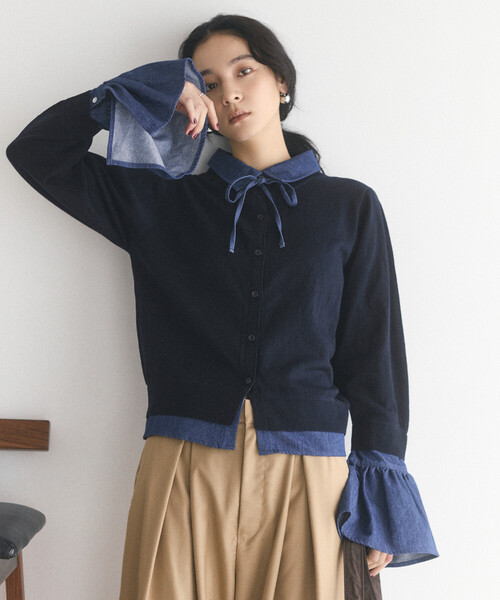 FREAK'S STORE(フリークスストア)の「限定展開 Firsthand/ファーストハンド フェイクレイヤード デニムドッキング カーディガン(カーディガン/ボレロ・レディース・グレー/ネイビー・FREE)」の2枚目の写真