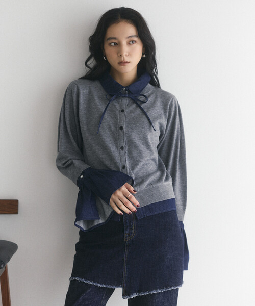 FREAK'S STORE(フリークスストア)の「限定展開 Firsthand/ファーストハンド フェイクレイヤード デニムドッキング カーディガン(カーディガン/ボレロ・レディース・グレー/ネイビー・FREE)」の5枚目の写真