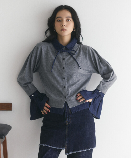 FREAK'S STORE(フリークスストア)の「限定展開 Firsthand/ファーストハンド フェイクレイヤード デニムドッキング カーディガン(カーディガン/ボレロ・レディース・グレー/ネイビー・FREE)」の6枚目の写真