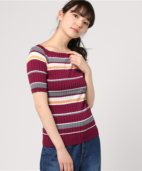 un dix cors(アンディコール)の「ミックスボーダーニット(ニット/セーター・レディース・ボルドー/ネイビー・フリ-)」の1枚目の写真