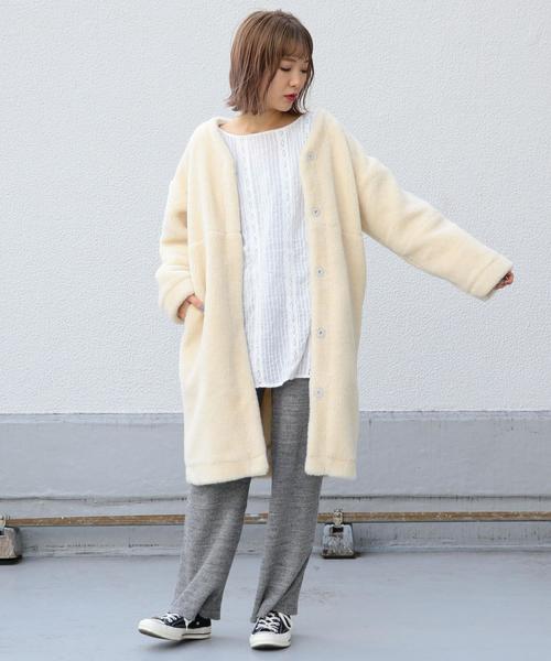 Another Edition（アナザーエディション）の「フェイクボアV/Nロングコート（その他アウター・レディース・オフホワイト/ベージュ・FREE）」の9枚目の写真