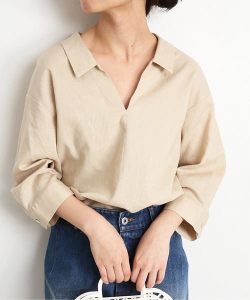 SLOBE IENA(スローブイエナ)の「リネン混スキッパーブラウス【手洗い可能】◆(シャツ/ブラウス)」|ベージュ