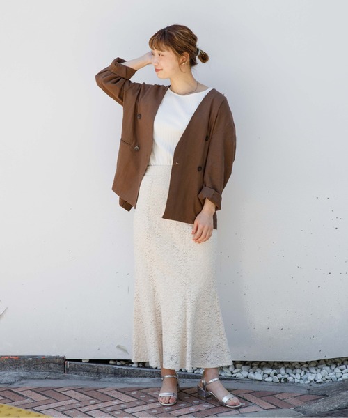 flower（フラワー）の「マリンジャケット（ノーカラージャケット・レディース・ブラウン/ベージュ・FREE）」の6枚目の写真