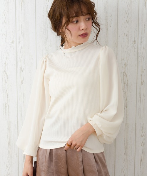 SpRay(スプレイ)の「袖シア-7分ボリュスリプチハイネック(Tシャツ/カットソー・レディース・アイボリー/グレイッシュベージュ/ブラック/モカ・FREE)」の2枚目の写真