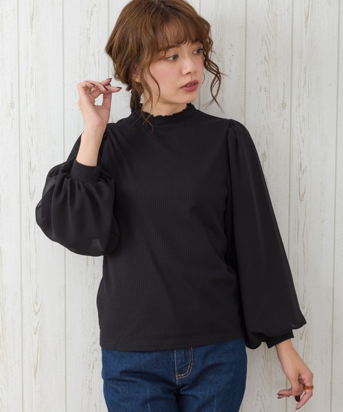 SpRay(スプレイ)の「袖シア-7分ボリュスリプチハイネック(Tシャツ/カットソー・レディース・アイボリー/グレイッシュベージュ/ブラック/モカ・FREE)」の1枚目の写真