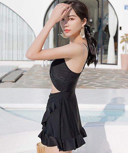 レディース水着ツイストフリルヘムモノキニオールインワンワンピース体型カバー